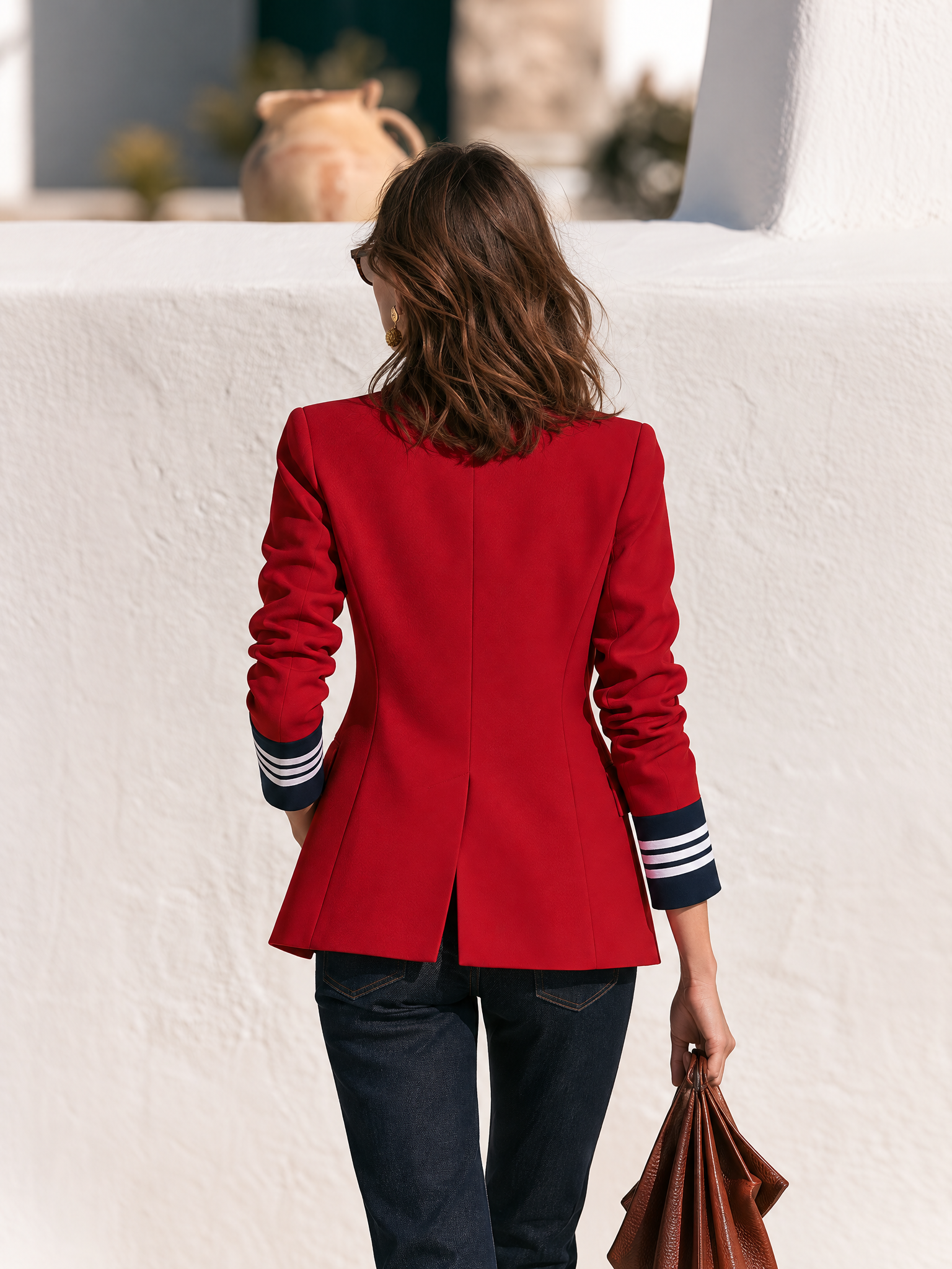 Vintage-chic Contrasting-colored Collar Red Long-sleeved Blazer