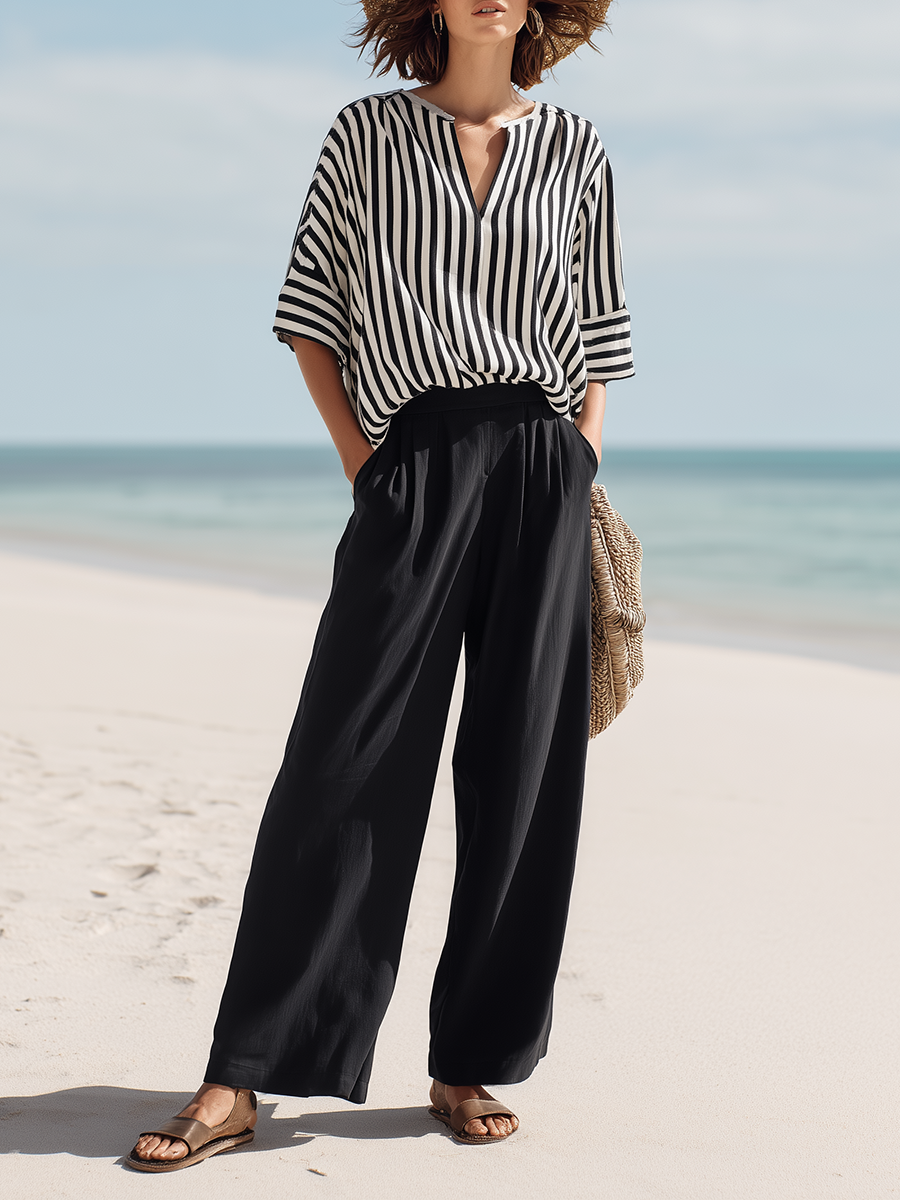 Resort-style Black And White Striped V-neck Top And Trousers Set