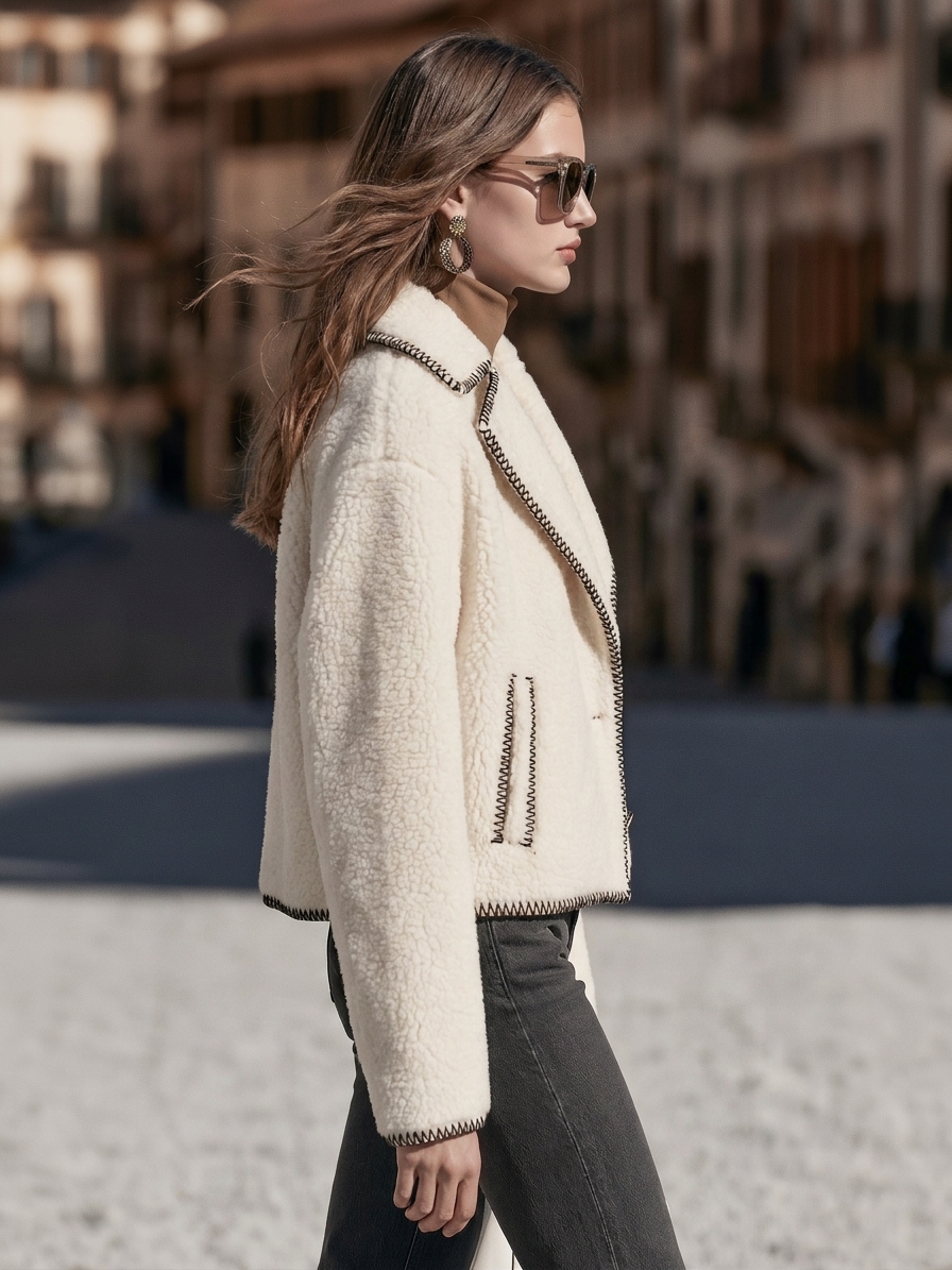 Casual Old Money Off White Faux Shearling Contrast Stitch Cropped Jacket