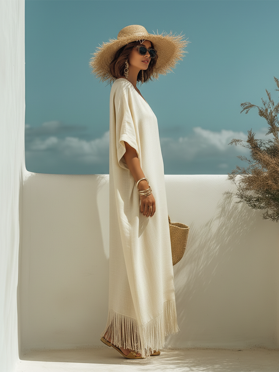 Casual Bohemian Style Fringed V-neck Short-sleeved Beige Maxi Dress