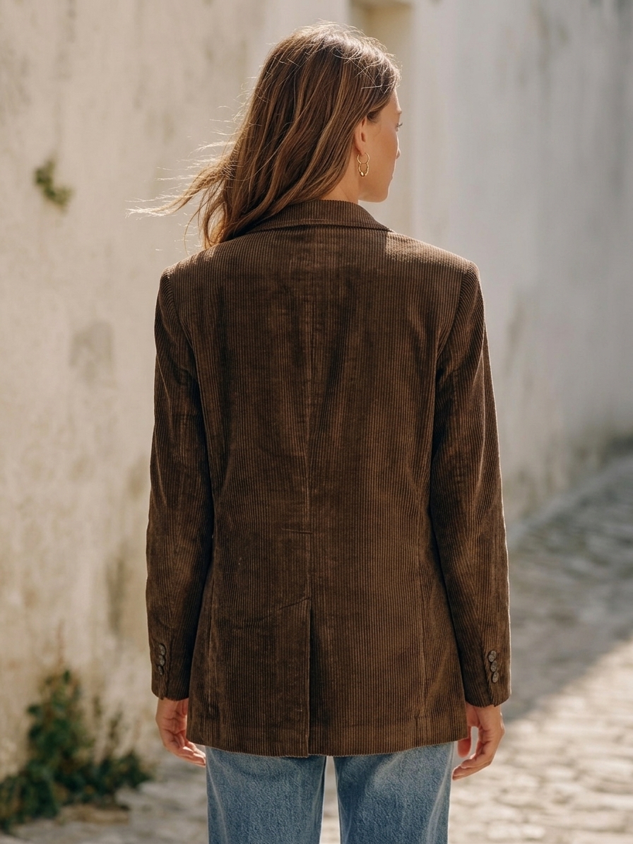 Provence Vibe Dark Brown Corduroy Floral Embroidery Notched Lapel Blazer