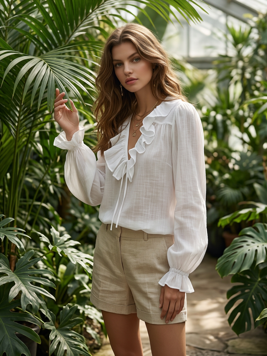 Elegant V-neck Ruffled Long-sleeved Shirt