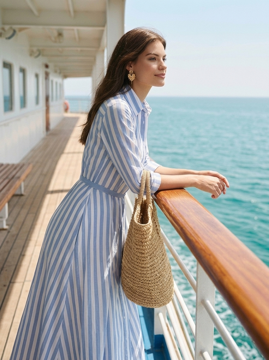 Minimalist Coastal Linen Blend Blue White Stripe Belted Lapel Midi Shirt Dress