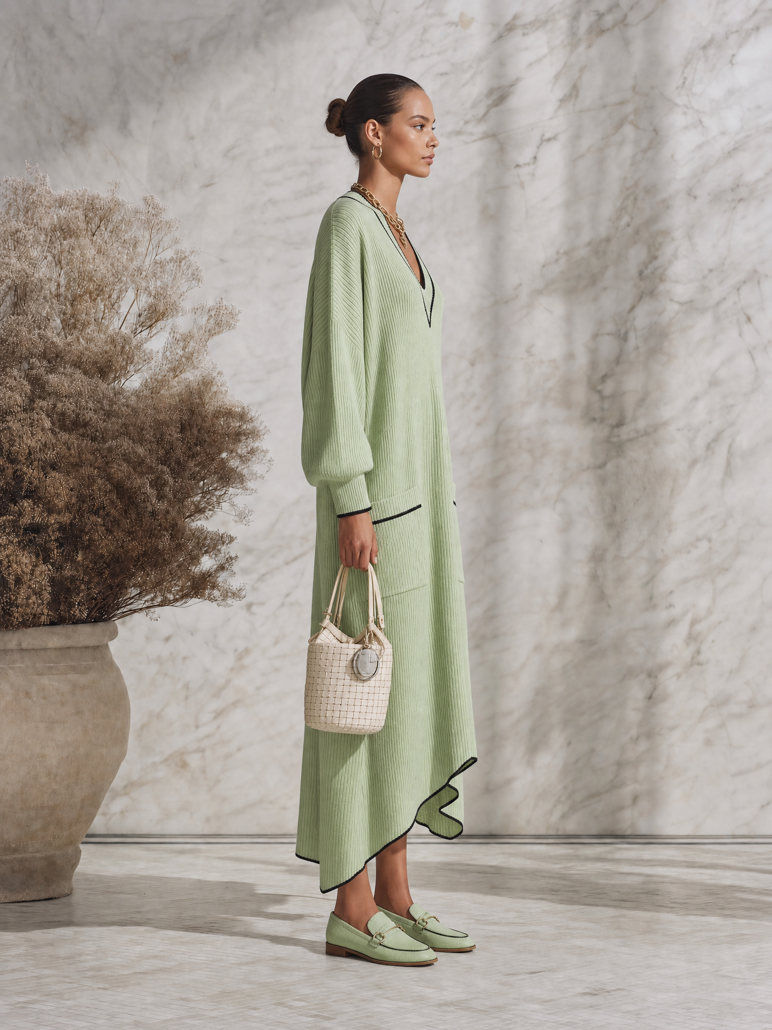 Resort-style V-neck Dropped Shoulders Midi Dress