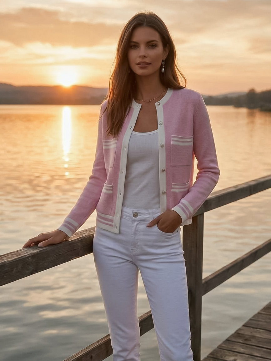 Old Money Vibe Pale Pink White Contrast Trim Pocket Knit Cardigan