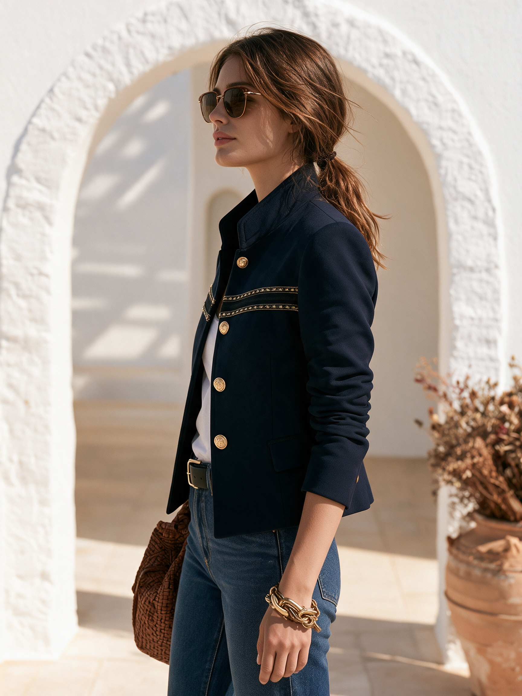 Old Money Gold Ribbon Trim Stand Collar Navy Jacket