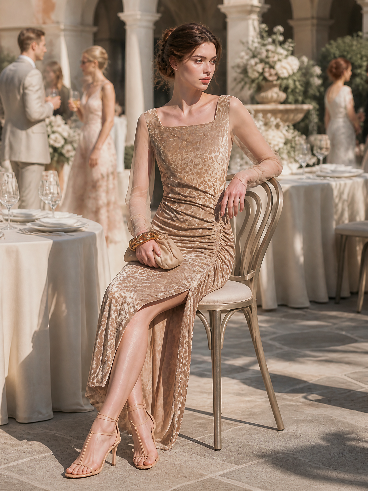 Elegant Sheer Long Sleeves Leopard Print Ruched Bodycon Maxi Dress