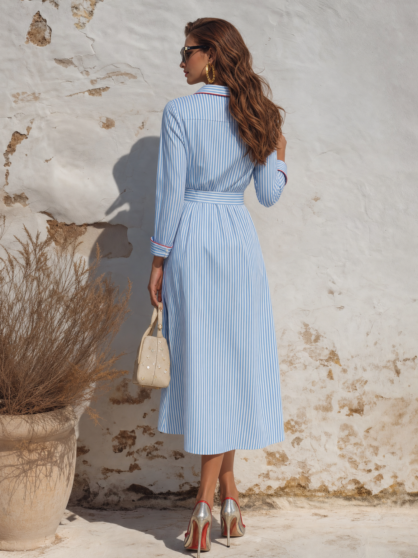 Elegant Color-blocked Trim Striped Long-sleeved Shirt Dress