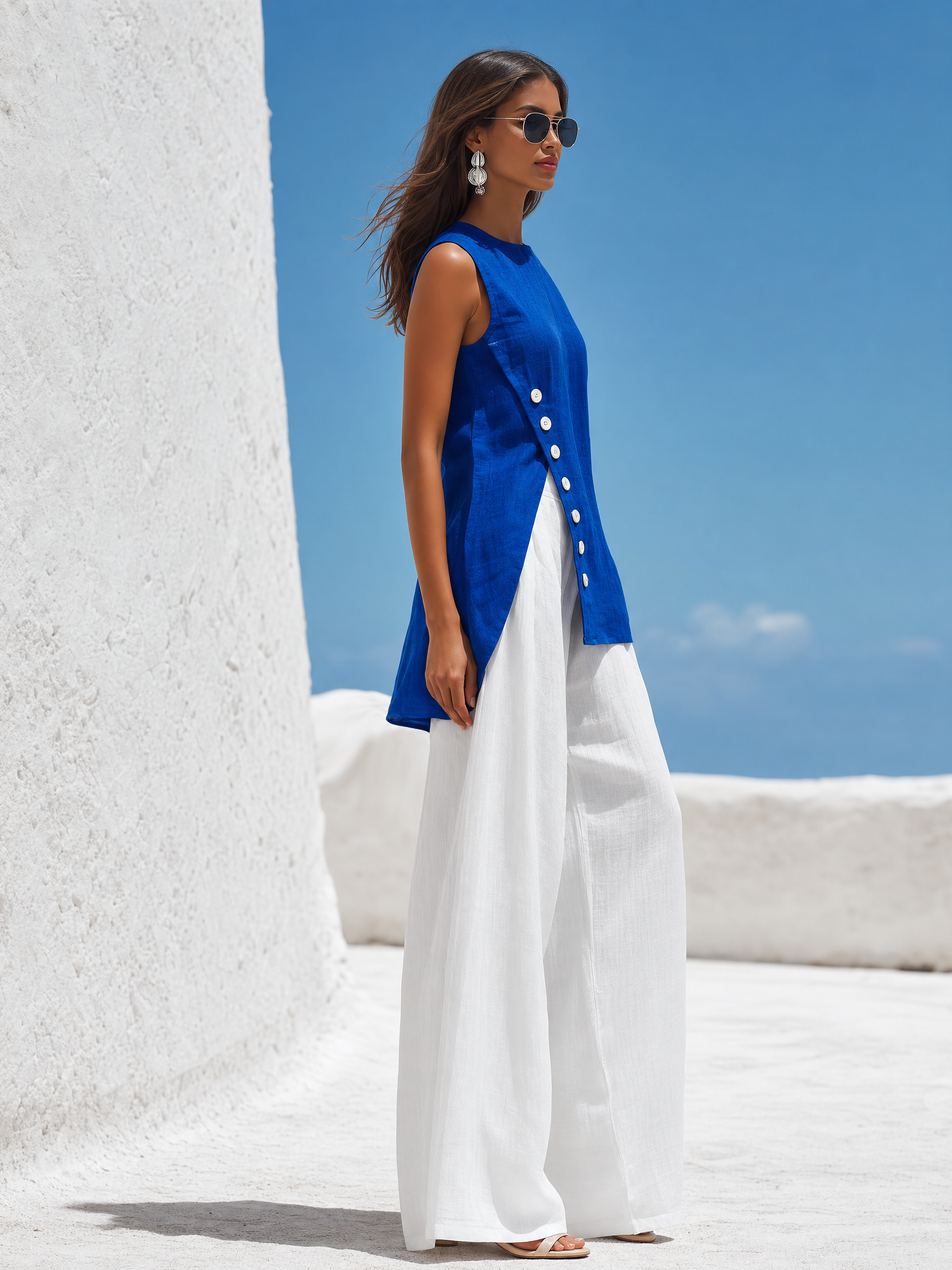 Retro-style Button-down Sleeveless Top And Linen Wide-leg Pants Set