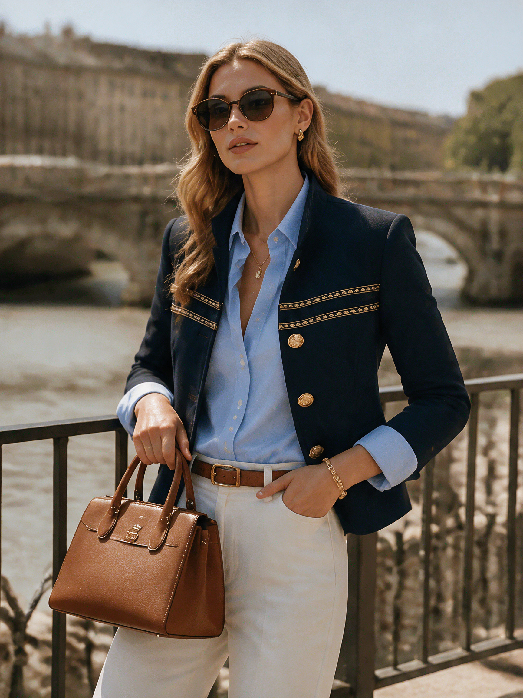 Old Money Gold Ribbon Trim Stand Collar Navy Jacket