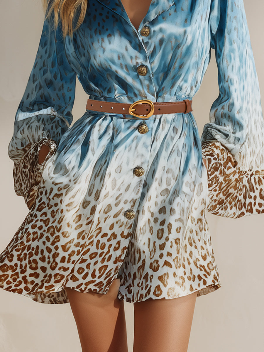 Bohemian Blue-brown Leopard Print Satin Flared Sleeve Shirt Mini Dress