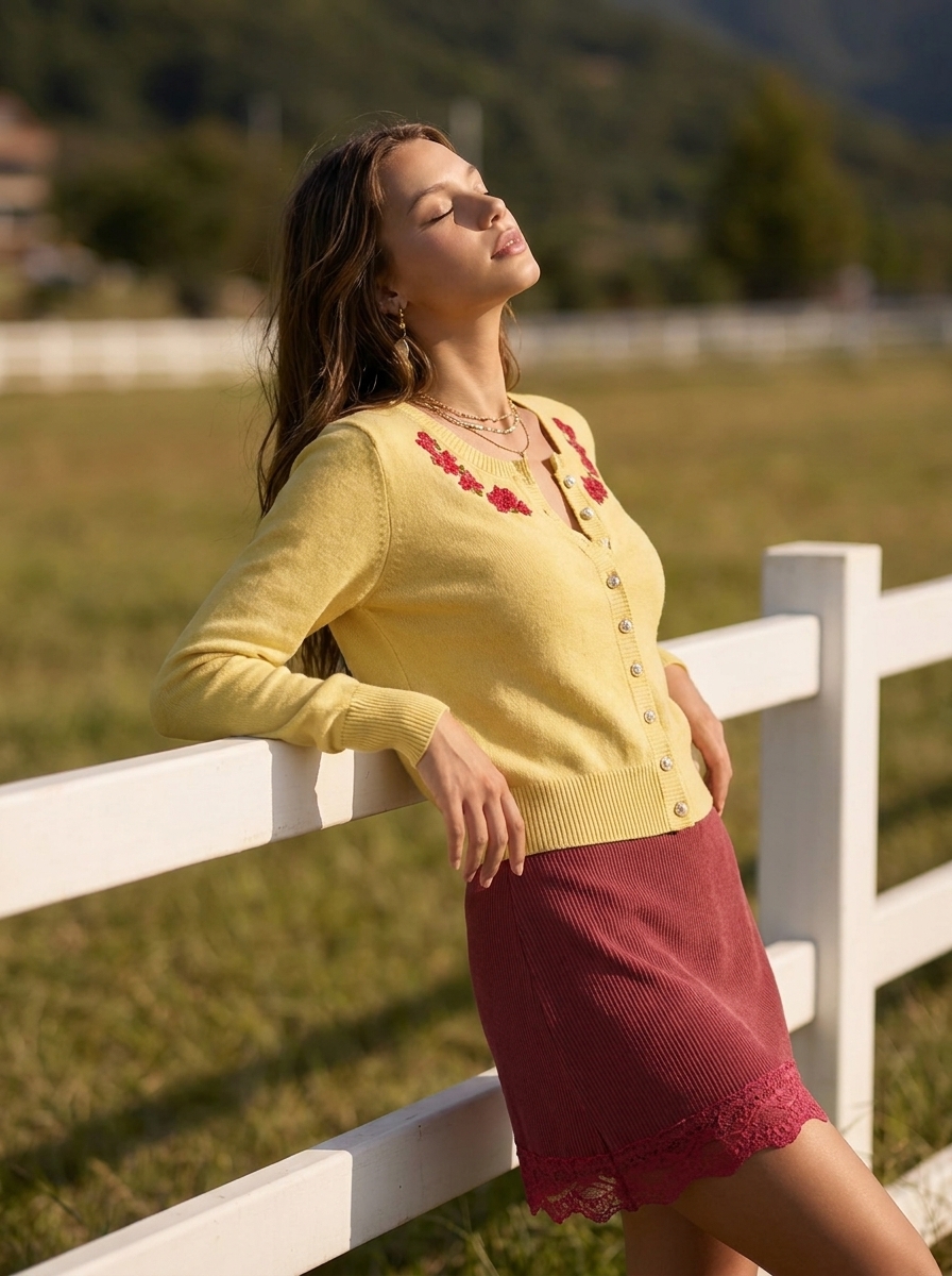 Mediterranean Chic Yellow Floral Embroidery Knit Two Piece Set
