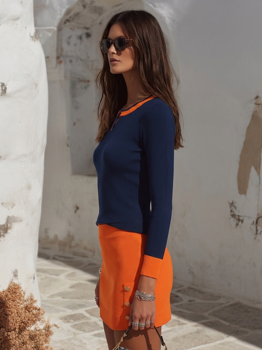 Nautical Preppy Navy Orange Color Block Knit Skirt Set