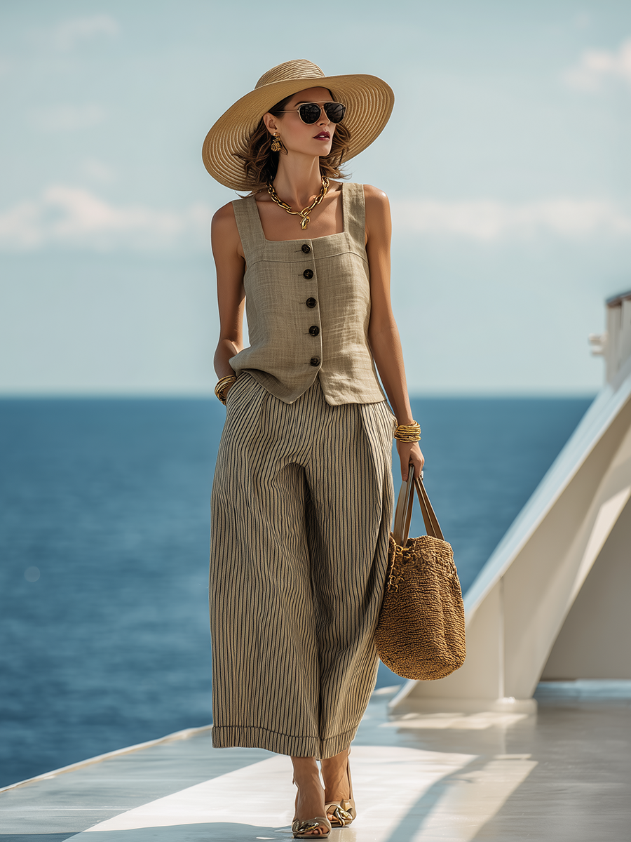 Simple Vacation-style Cotton-linen Square-neck Top And Striped Wide-leg Capri Pants Set