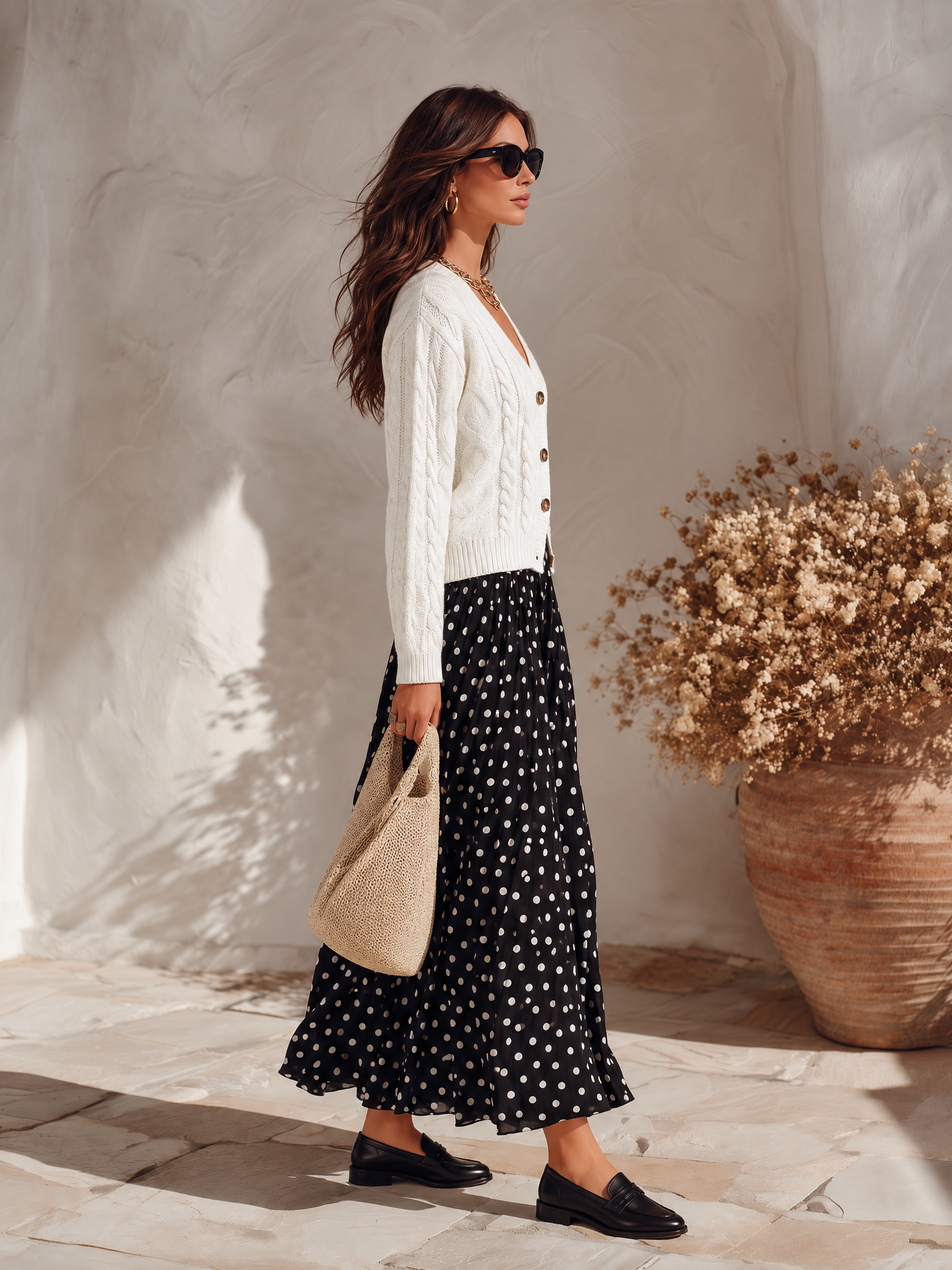 Vacation-style V-neck Long-sleeve Knit Cardigan And Polka-dot Skirt Set