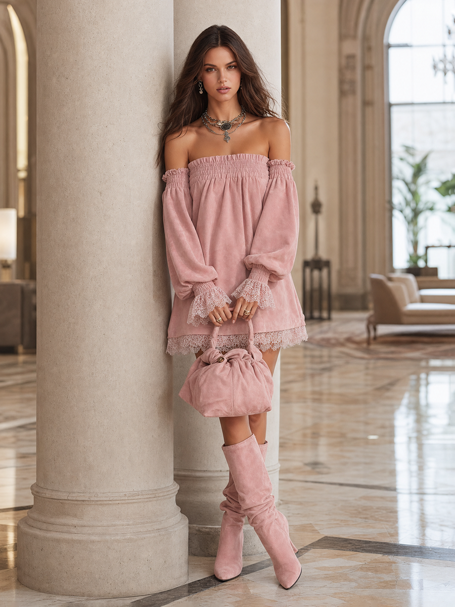 Retro-chic Off-shoulder Lace Trim Faux Suede Mini Dress