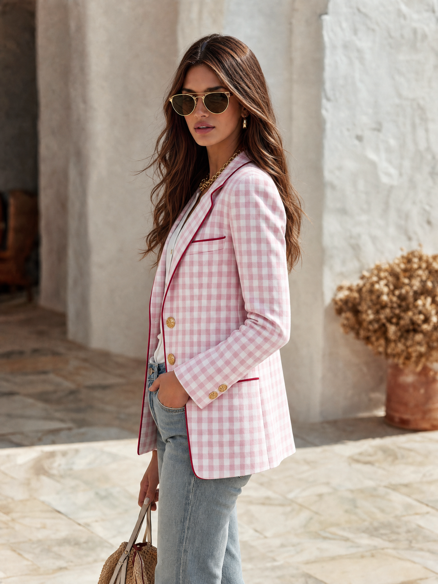 Resort-style Notched Lapel Plaid Long-sleeved Blazer