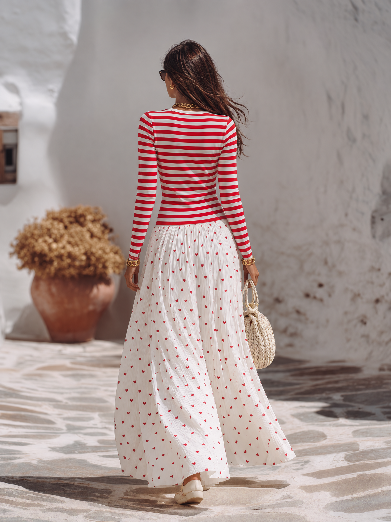 Vacation-style Striped Long-sleeve V-neck Top And Heart-print Chiffon Skirt Set