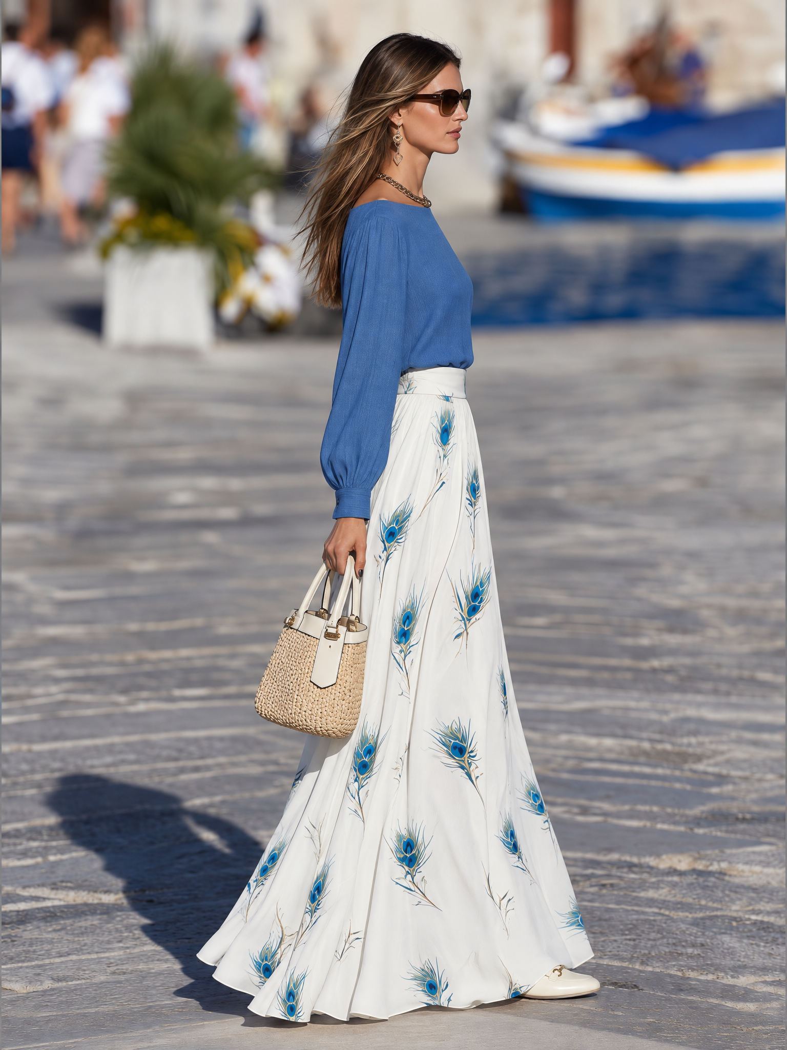 Resort-style Solid-color Crew-neck Top And Printed Skirt Set