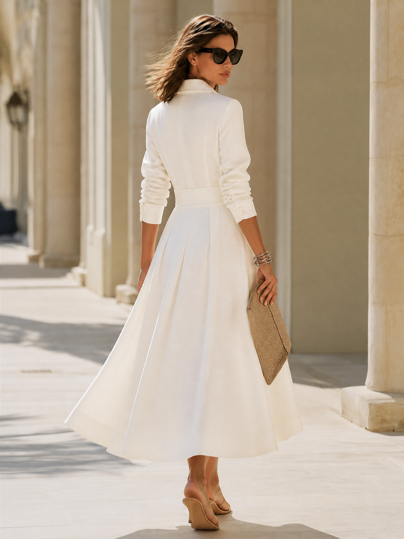 Elegant Long Sleeve Button-Up Pleated A-Line Maxi Dress