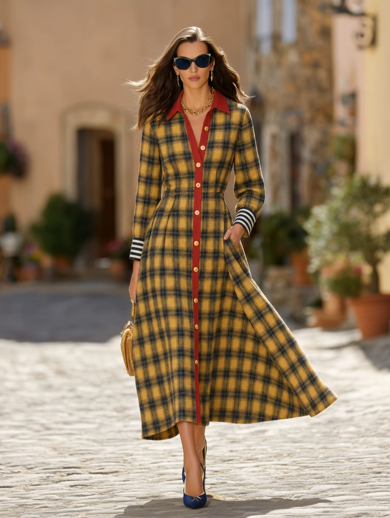 Retro Color-blocked Plaid Long Sleeve Maxi Dress