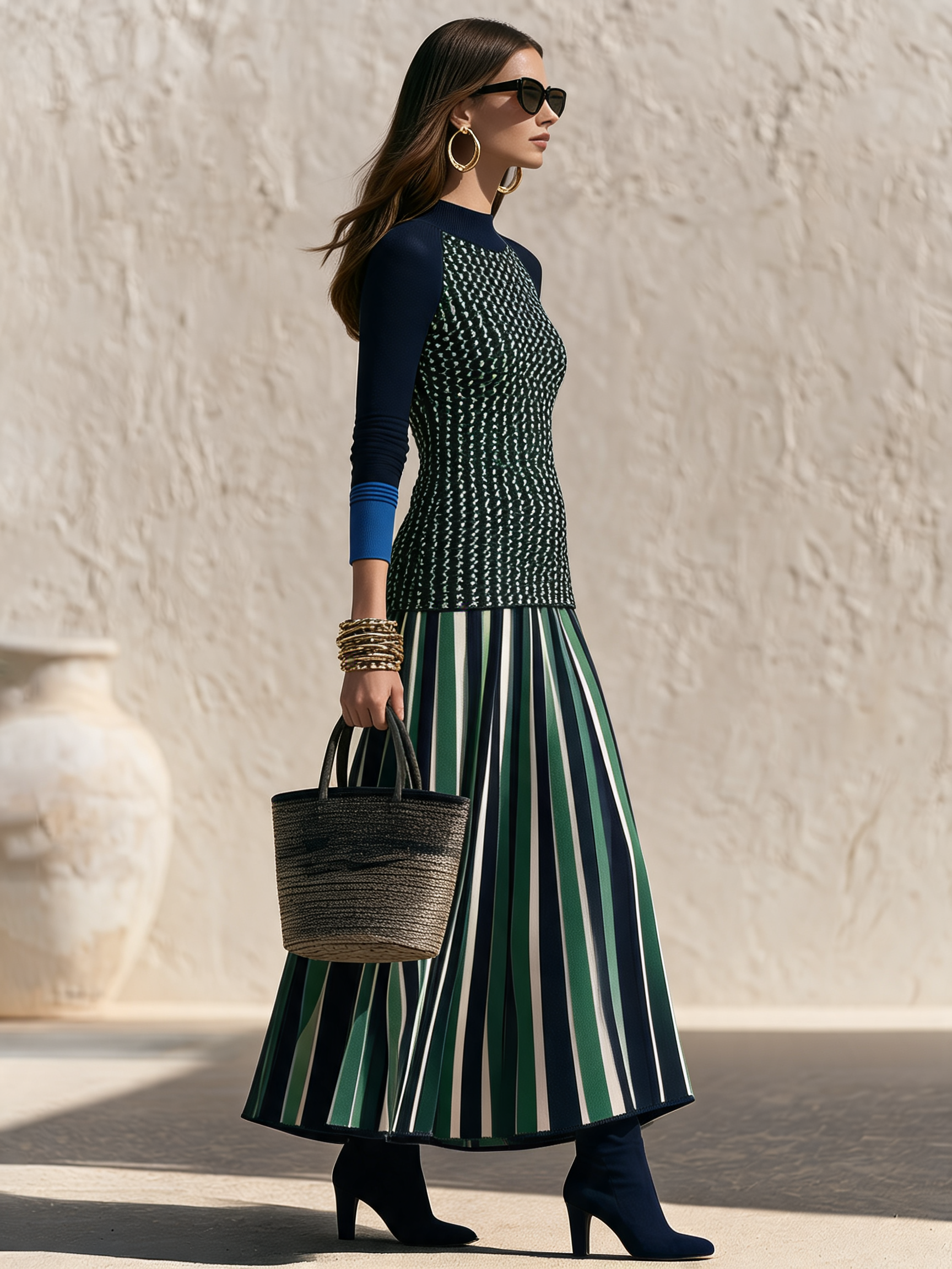Elegant And Chic Blue-Green Striped Knit Maxi Dress