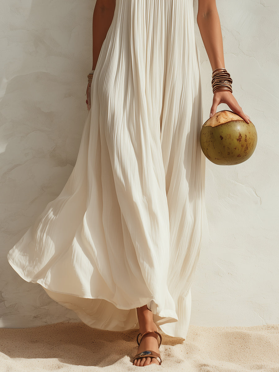 Elegant Coastal Resort Cream White Sleeveless Maxi Dress