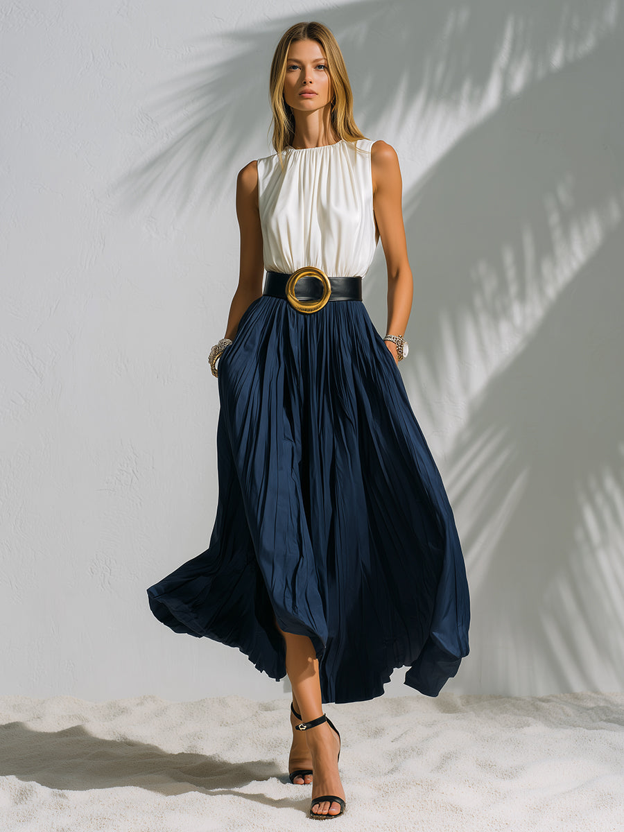 Elegant Vacation-style White Sleeveless Patchwork Navy Blue Pleated Midi Dress