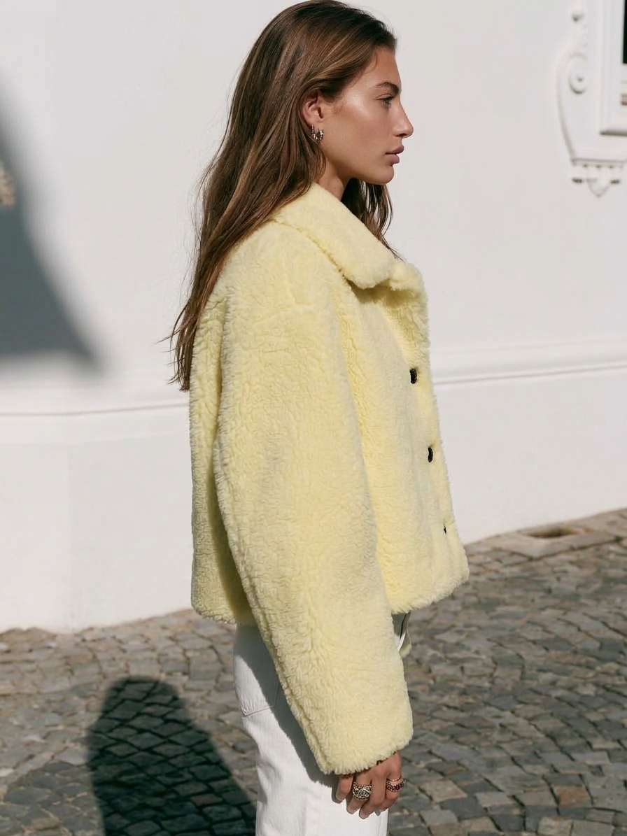 Old Money Casual Pale Yellow Lapel Single‑Breasted Cropped Fleece Teddy Jacket