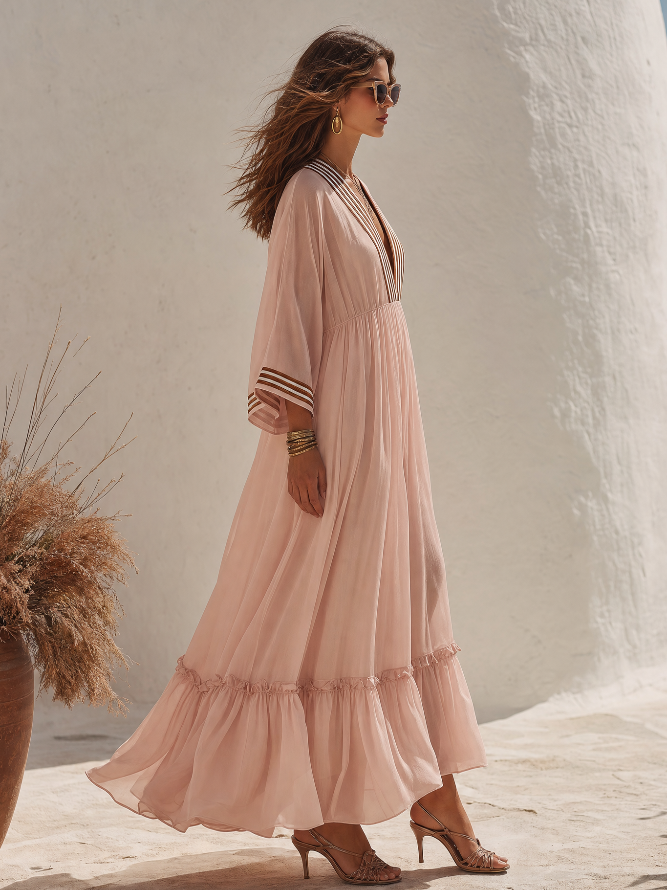 Resort Striped V-neck Maxi Dress