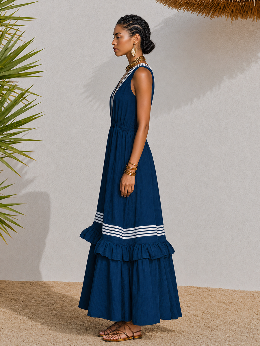 Vacation-style Retro Striped V-neck Ruffled Maxi Dress
