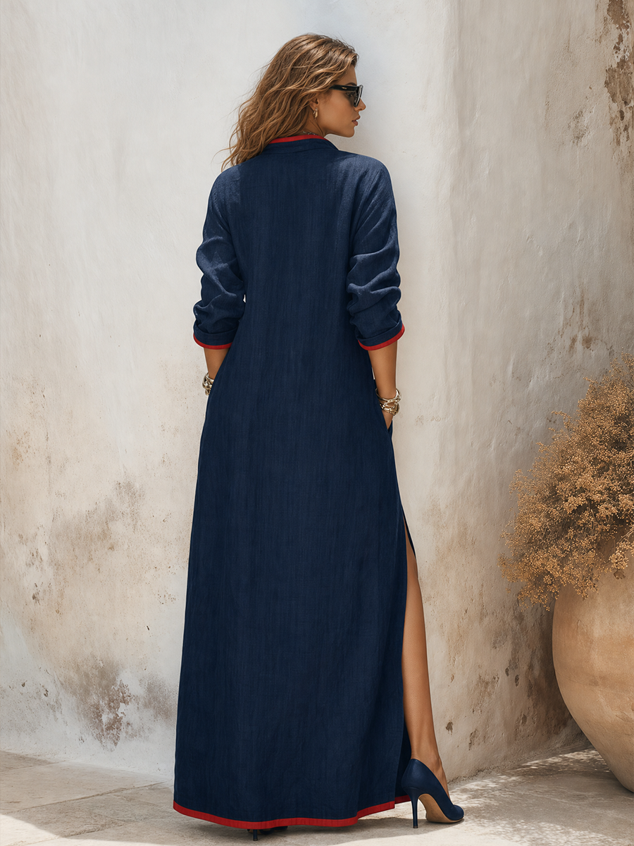 Trendy Retro Color-blocked Trim Side-slit Cotton-linen Midi Dress