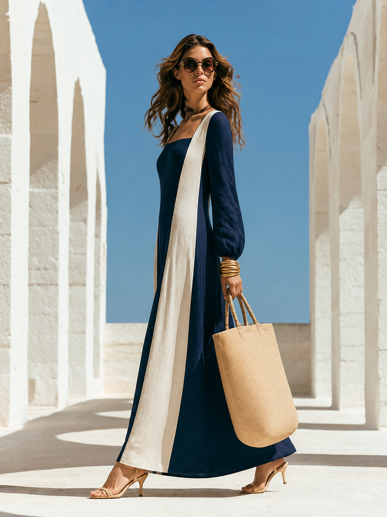Old Money Vacation  Color-Block Square-Neck Cotton-Linen Maxi Dress