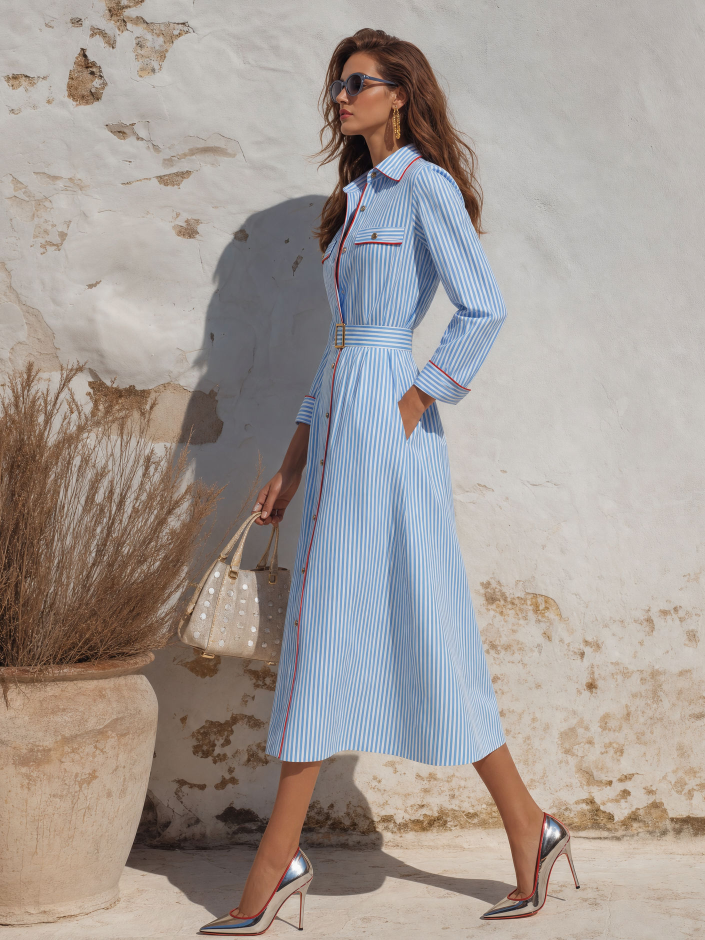 Elegant Color-blocked Trim Striped Long-sleeved Shirt Dress