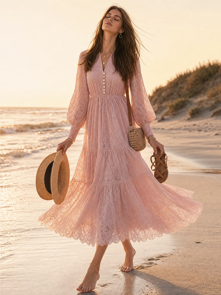 Blush Pink Allover Lace Pearl-Button V-Neck Tiered Bohemian Holiday Maxi Dress