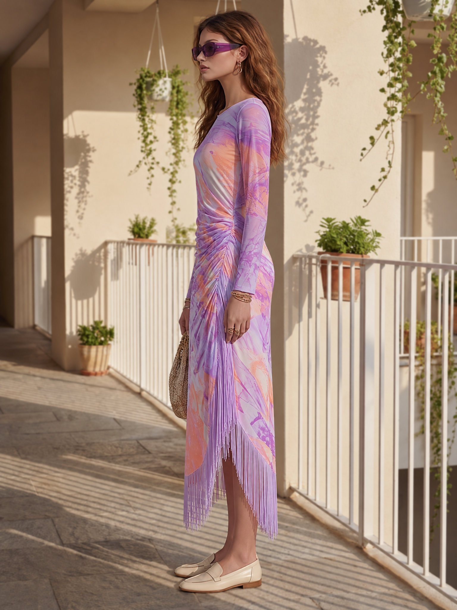 Boho Chic Lavender Peach Sunset Tie Dye Print Ruched Fringe Hem Long Sleeve Midi Dress