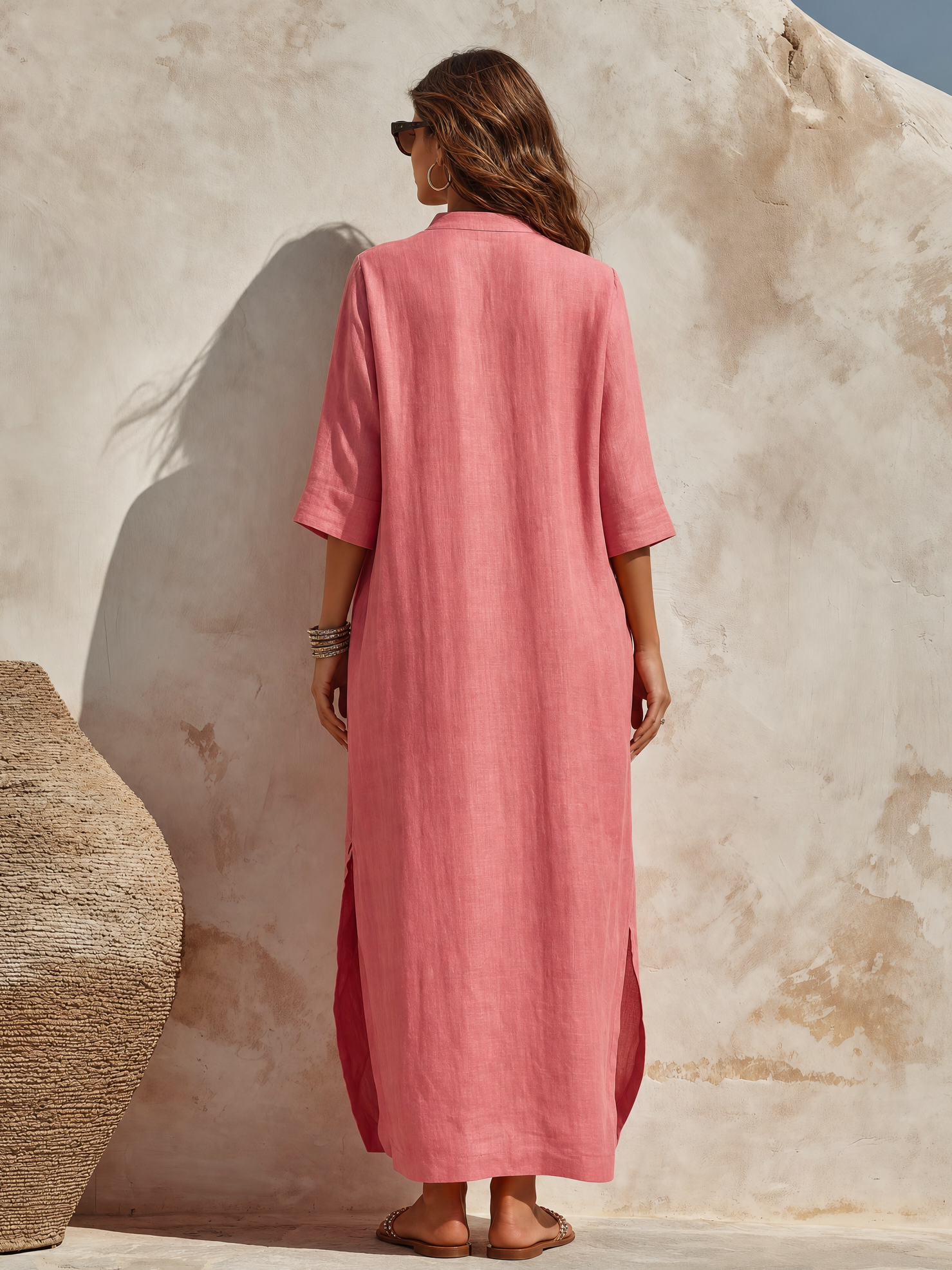 High-end Elegant Stand-up Collar Solid Color Three-quarter Sleeves Midi Shirt Dress