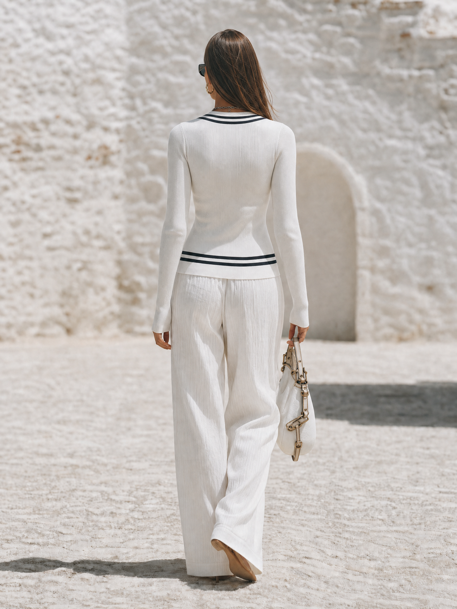 Resort-style V-neck Striped Color-blocked Long-sleeved Top And Trousers Set