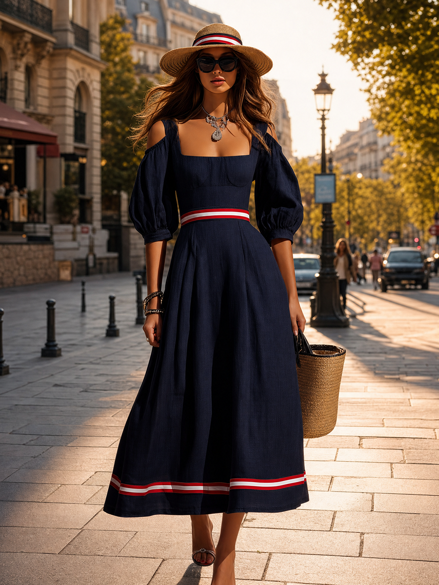 Elegant Sexy Color-blocked Trim Square Neck Cotton-linen Maxi Dress