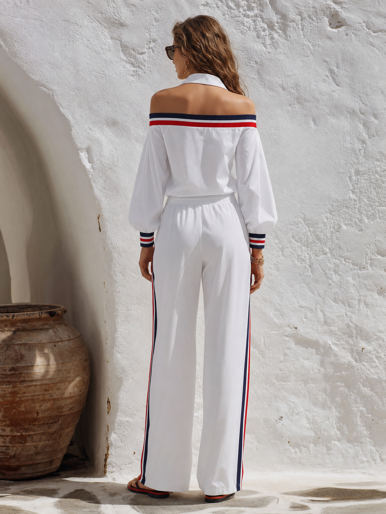 Retro-chic Cut Out Shoulder Color Block Trim Shirt And Wide-leg Trousers Set