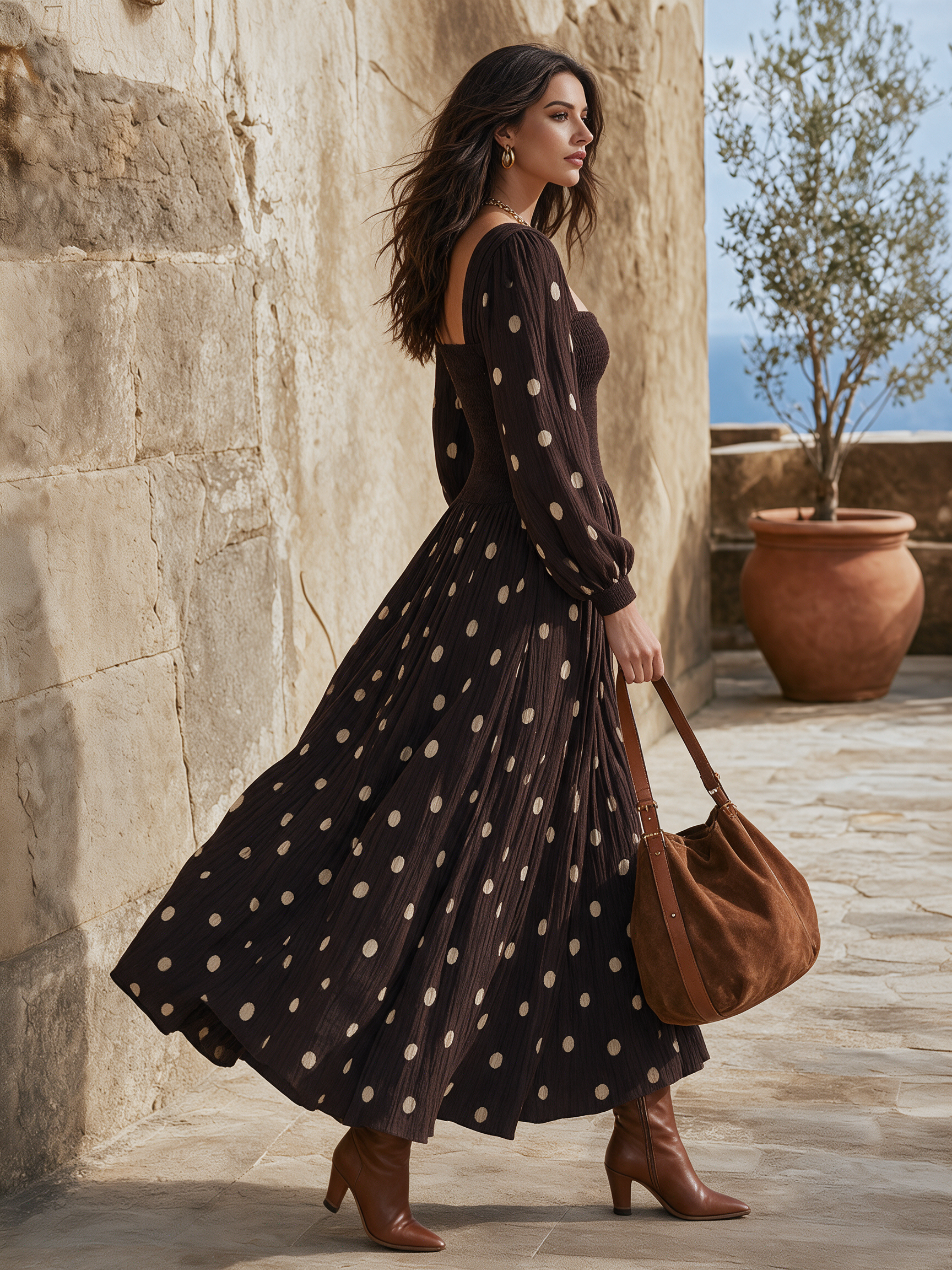 Coastal Chic Polka-Dot Long Sleeve Knit And Chiffon Brown Maxi Dress