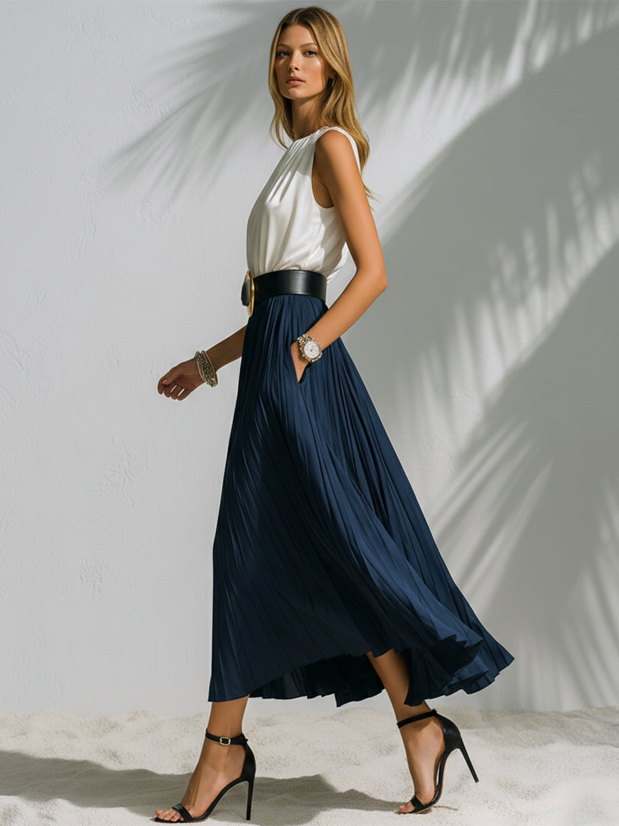 Elegant Vacation-style White Sleeveless Patchwork Navy Blue Pleated Midi Dress