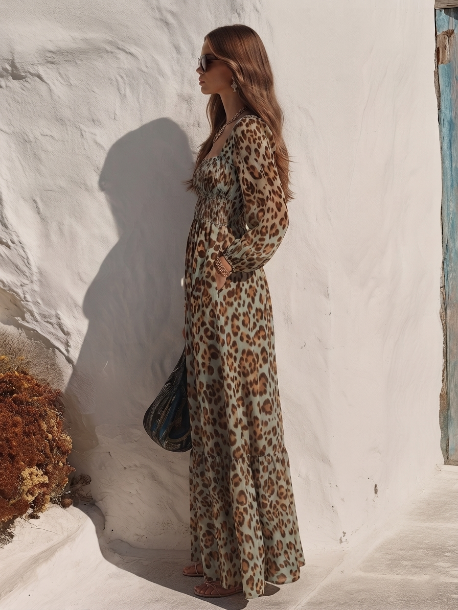 Capri Vibe Mint Base Leopard Print Square Neck Fall Maxi Dress