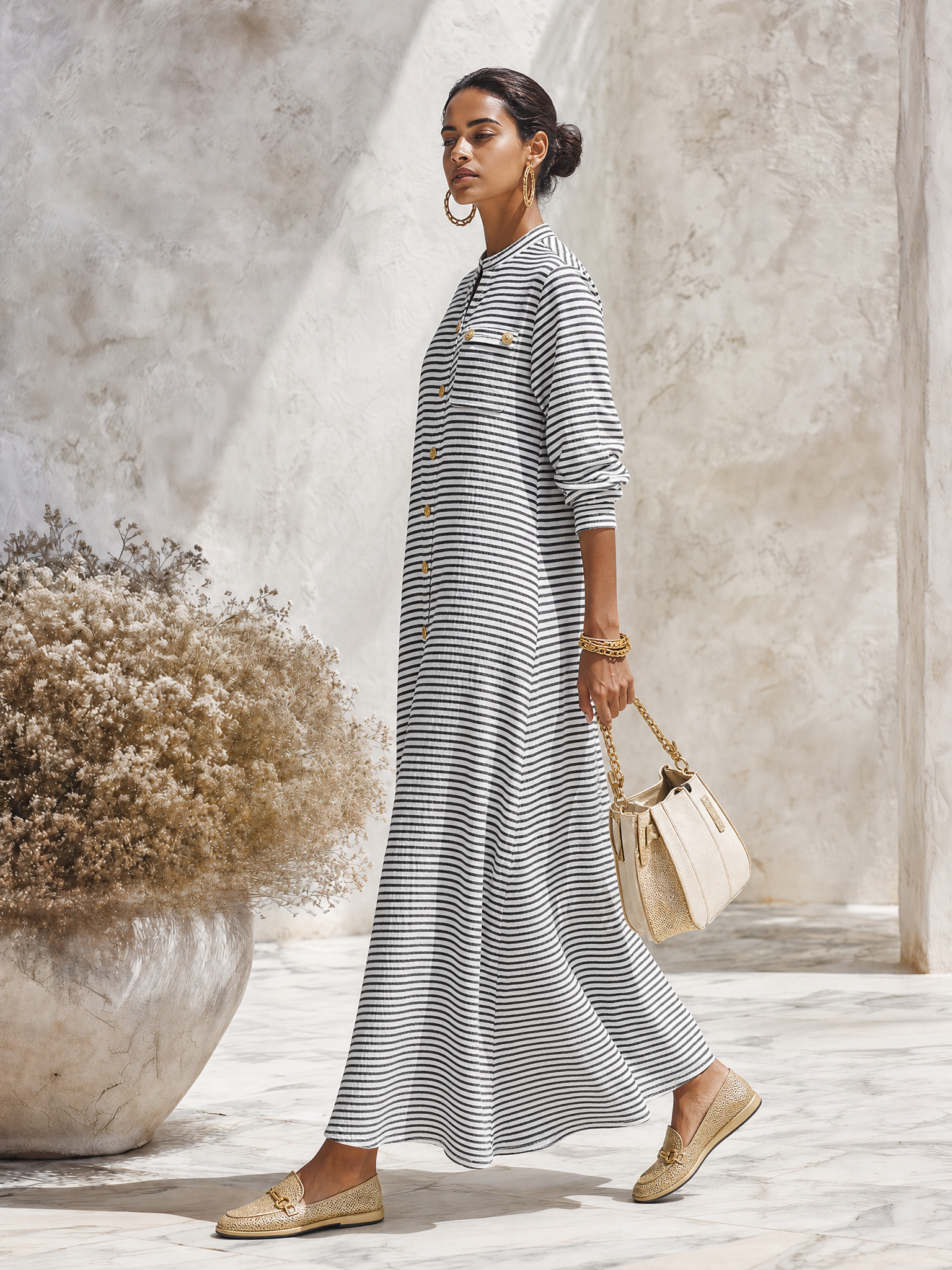Resort-style Round Neck Long-sleeved Black And White Striped Maxi Dress