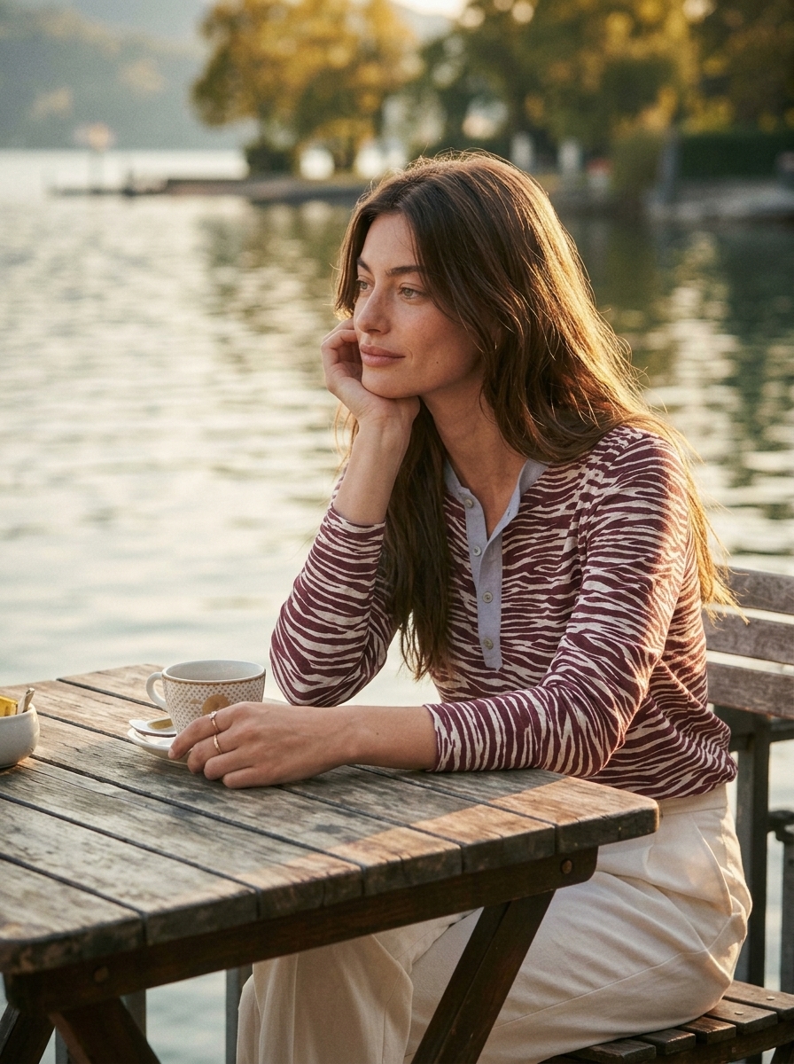 Mediterranean Vibe Burgundy Zebra Print Contrast Collar Henley Long‑Sleeve Knit Top
