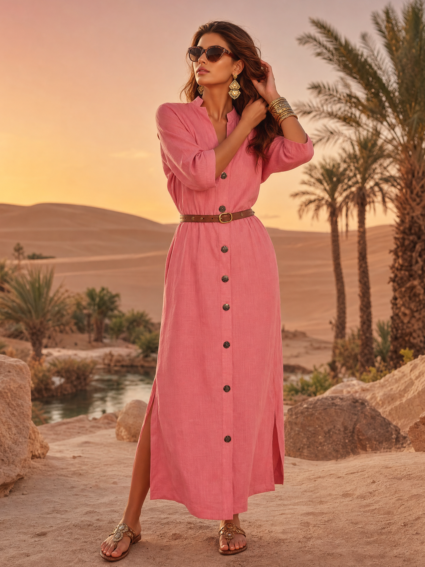 High-end Elegant Stand-up Collar Solid Color Three-quarter Sleeves Midi Shirt Dress