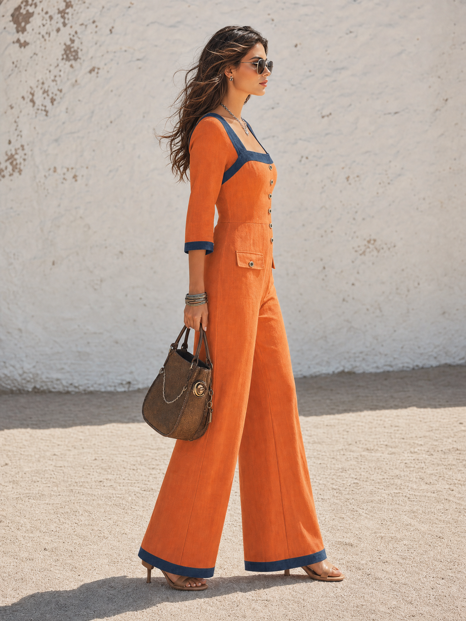 Resort-style Square-neck Color-blocked 3/4 Sleeve Jumpsuit