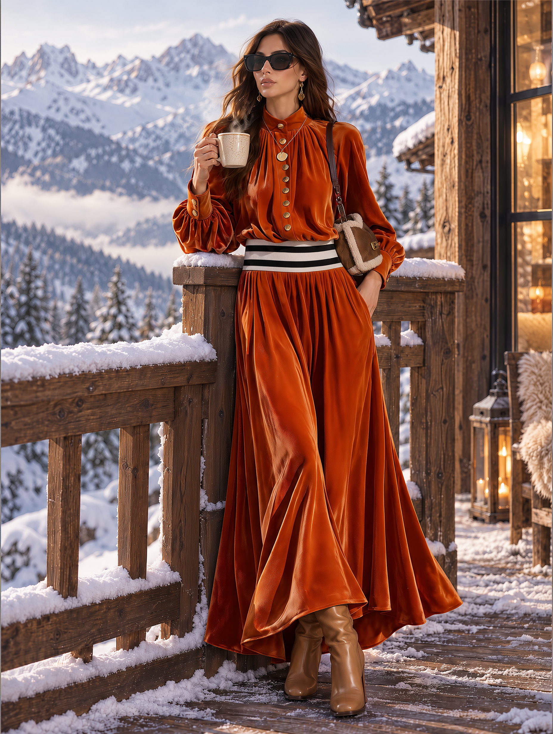 Retro Stand Collar Striped Waistband Burnt Orange Velvet Maxi Dress
