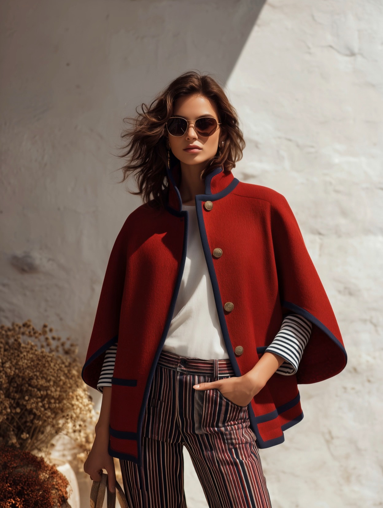 Elegant Retro Color-blocked Trim Stand-collar Cape Jacket
