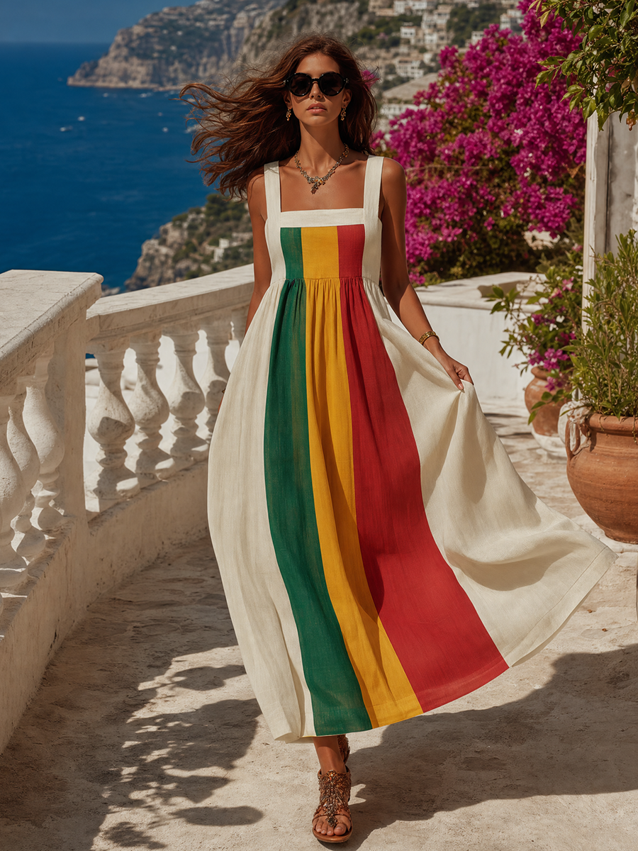 Retro Square Neck Rainbow Striped Maxi Dress